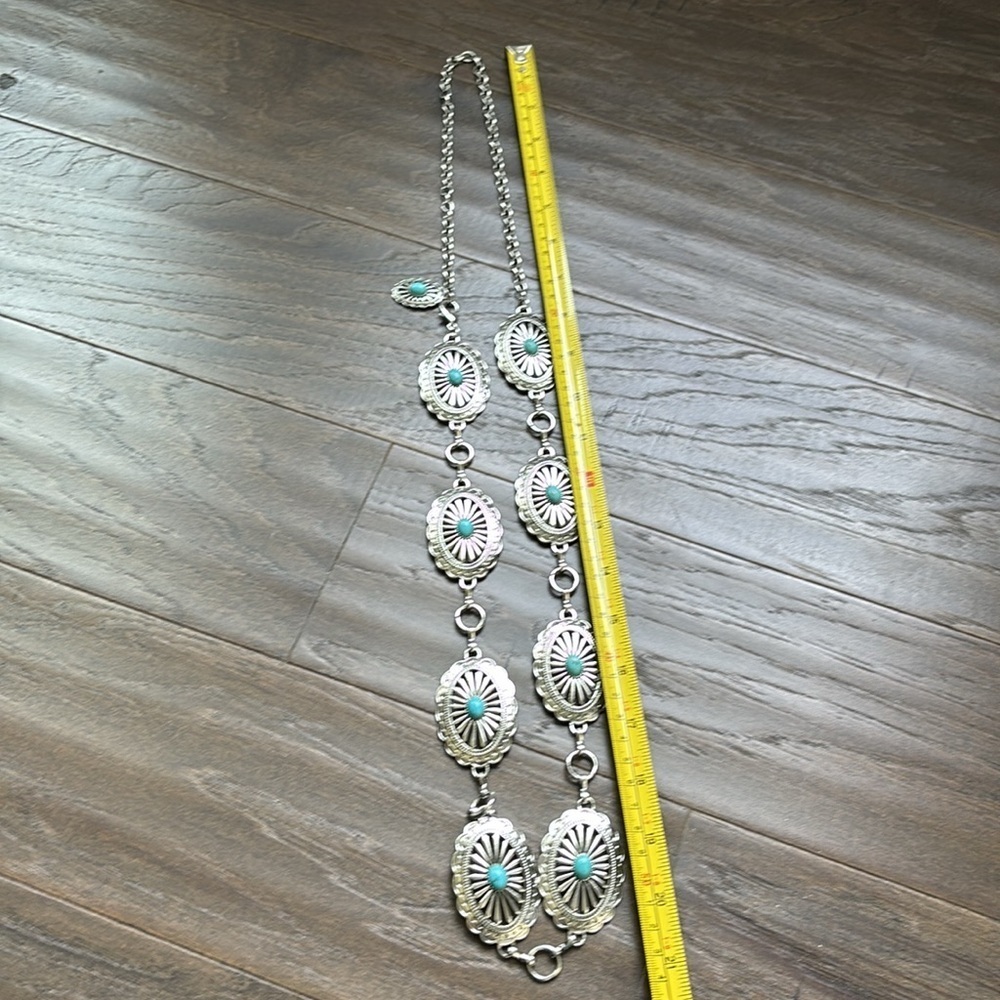 American Bison Western Chain Belt,oval silver tone conchos,faux turquoise stones - Picture 8 of 11